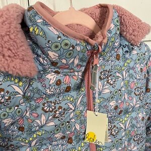 Mini Boden Coat Jacket Padded Borg Hooded Teddy Bear Reversible Blue Pink Sherpa